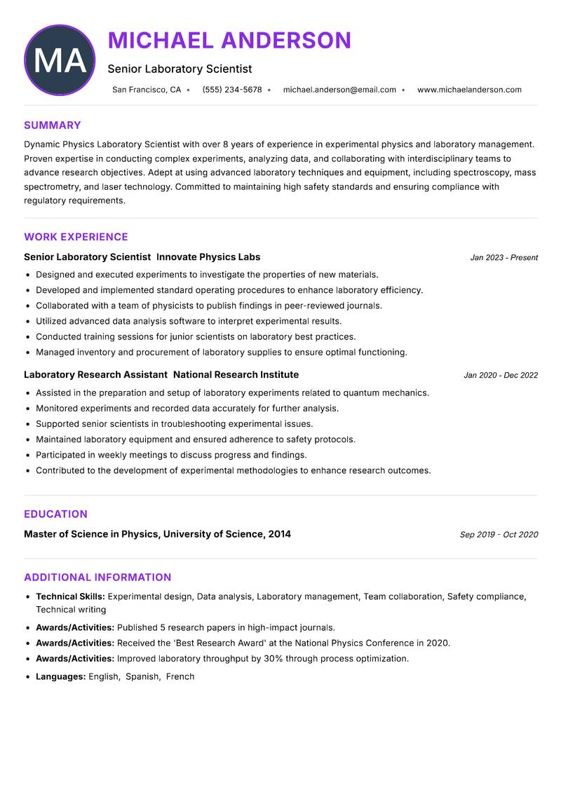 Physics Laboratory Scientist resume example