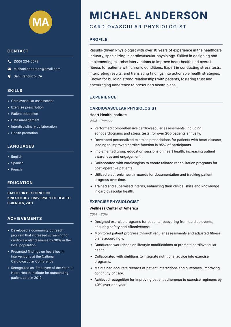 Physiologist resume sample — Cardiovascular Physiologist focus
