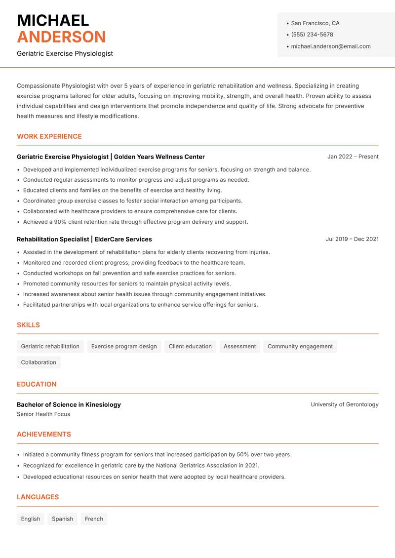 Physiologist resume sample — Geriatric Exercise Physiologist focus