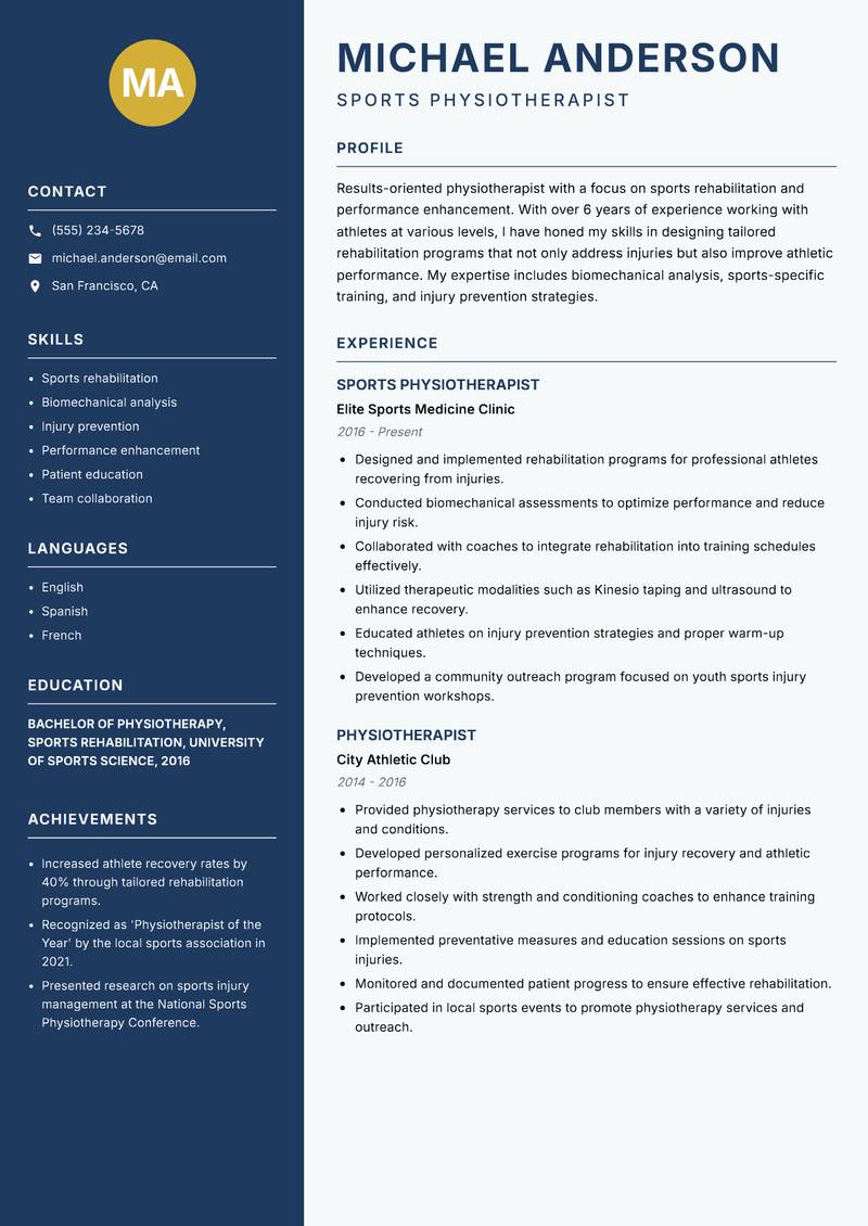Physiotherapist resume sample — Sports Physiotherapist focus
