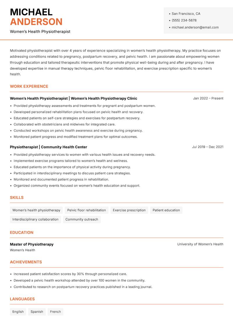 Physiotherapist resume sample — Women’s Health Physiotherapist focus