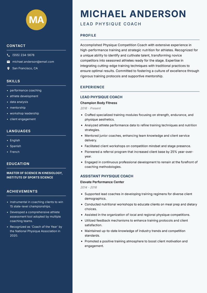 Physique Competition Coach resume sample — Lead Physique Coach focus