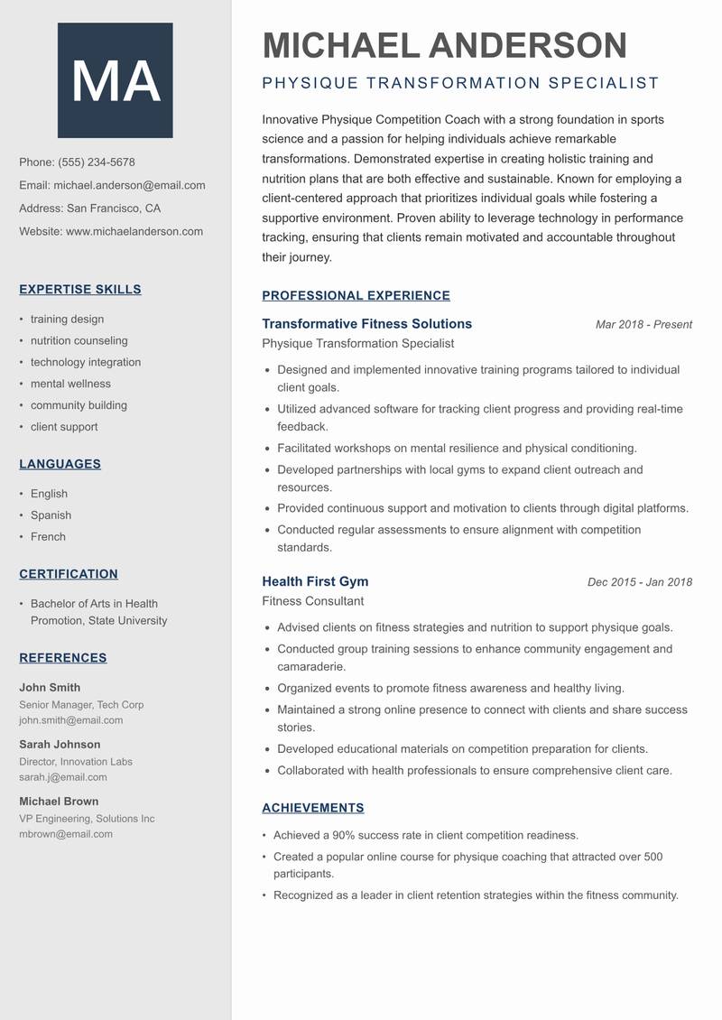 Physique Competition Coach resume sample — Physique Transformation Specialist focus