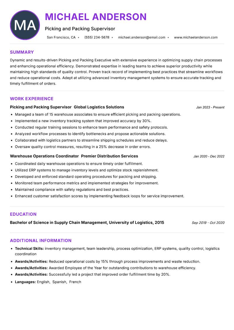 Picking and Packing Executive resume example