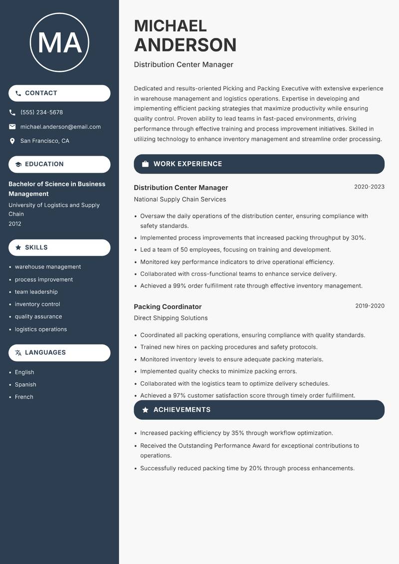 Picking and Packing Executive resume sample — Distribution Center Manager focus