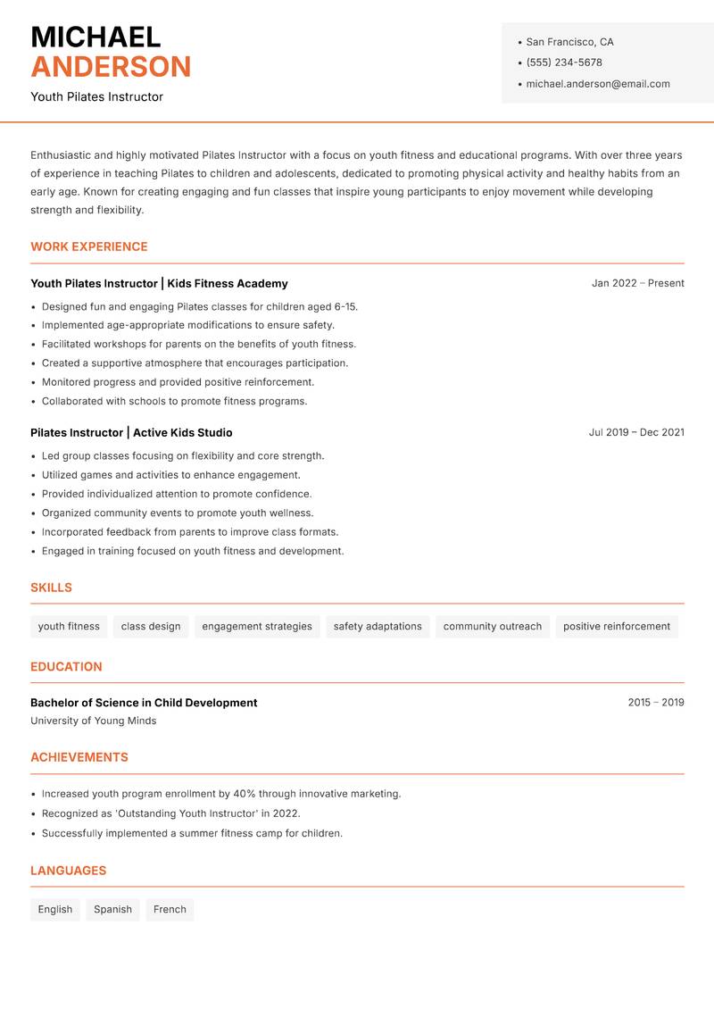 Pilates Instructor resume sample — Youth Pilates Instructor focus