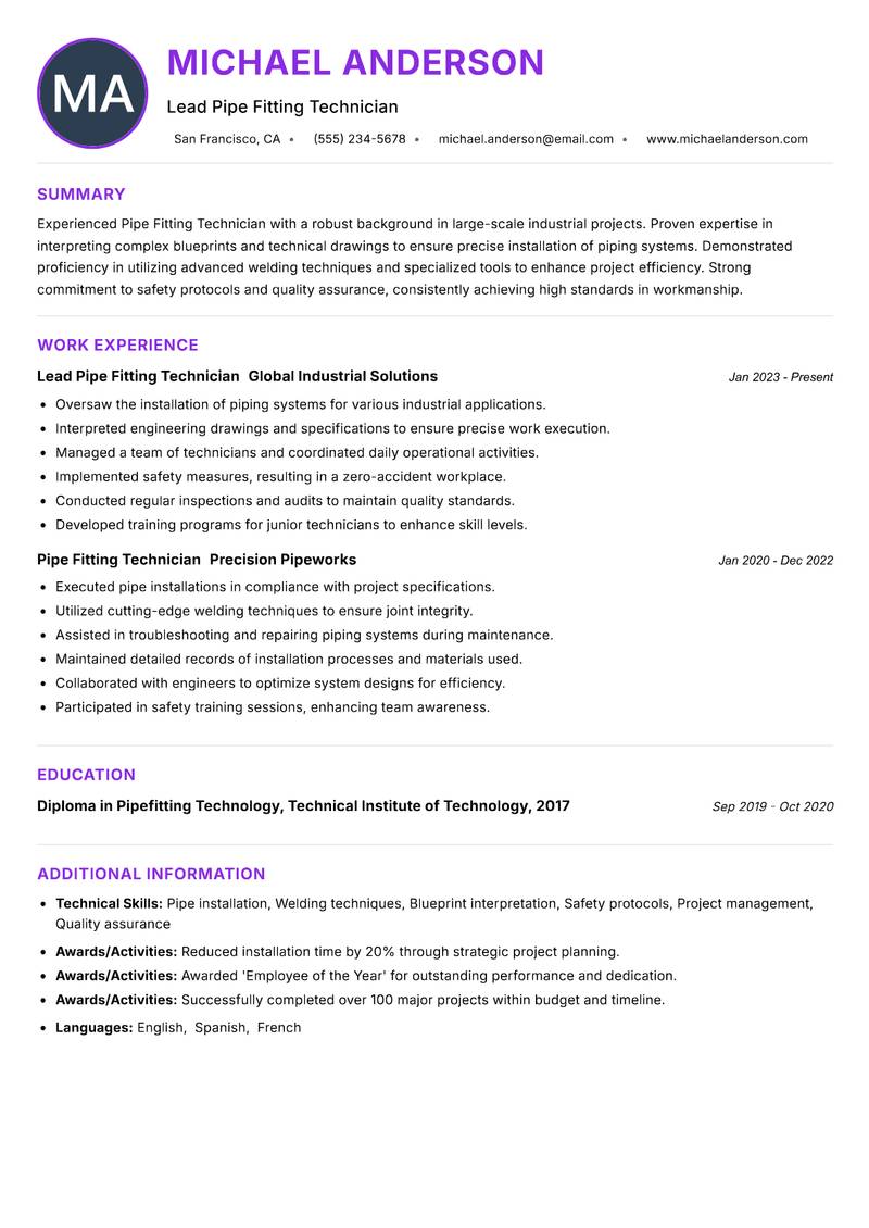 Pipe Fitting Technician resume example