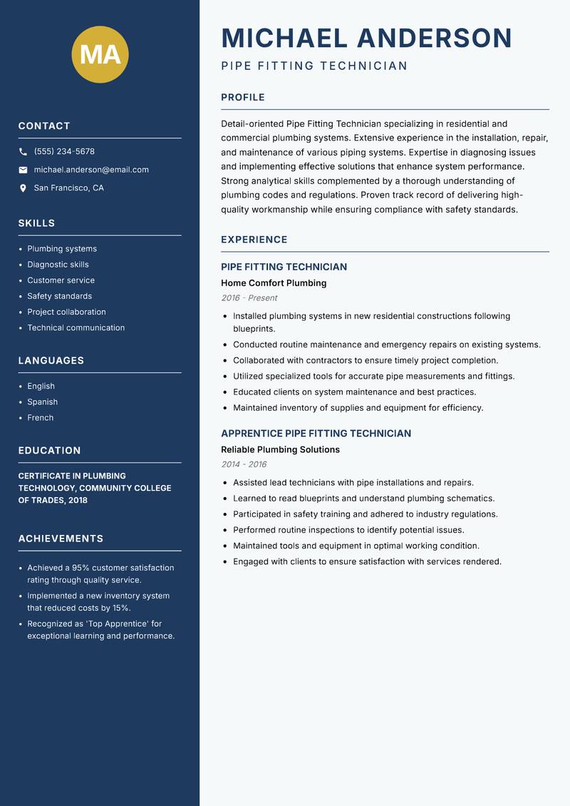 Pipe Fitting Technician resume sample — Pipe Fitting Technician focus