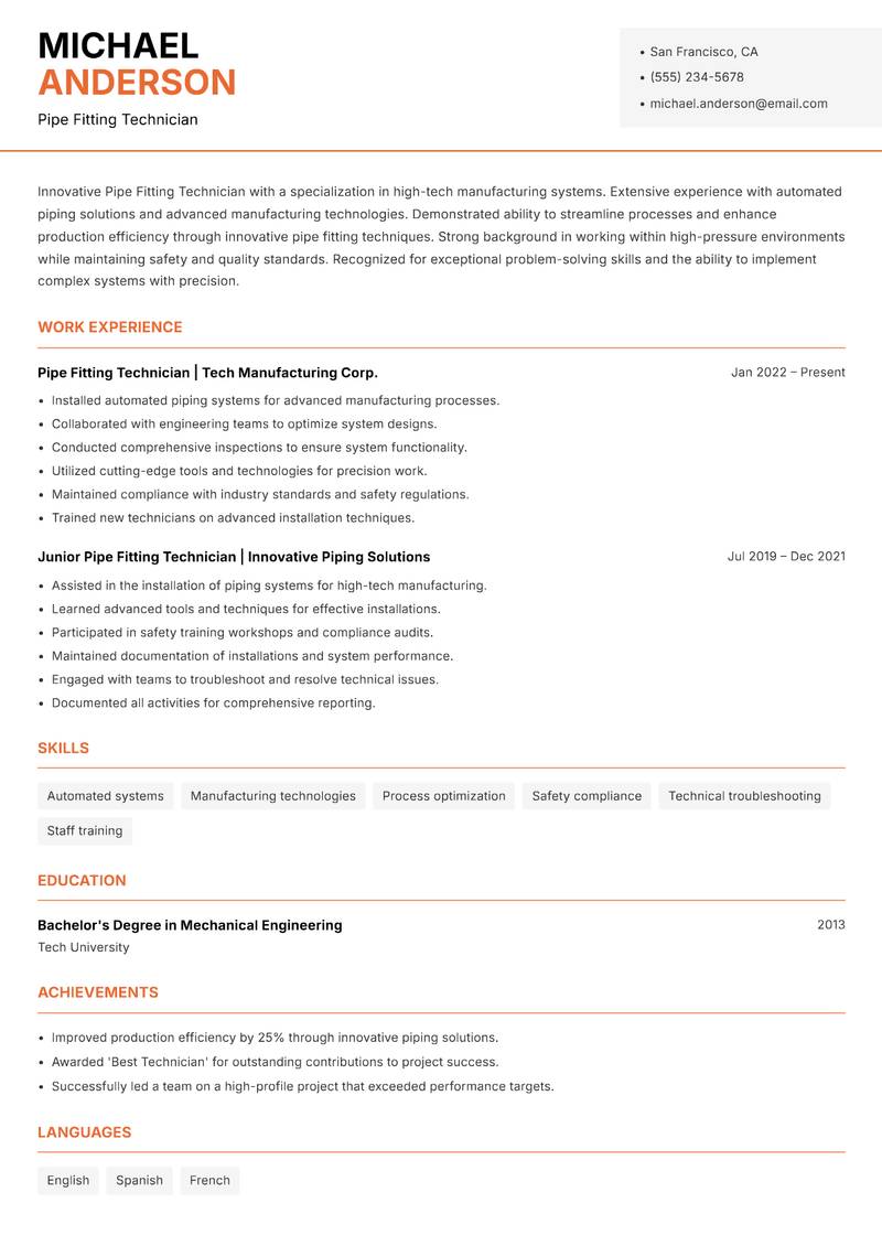 Pipe Fitting Technician resume sample — Pipe Fitting Technician focus