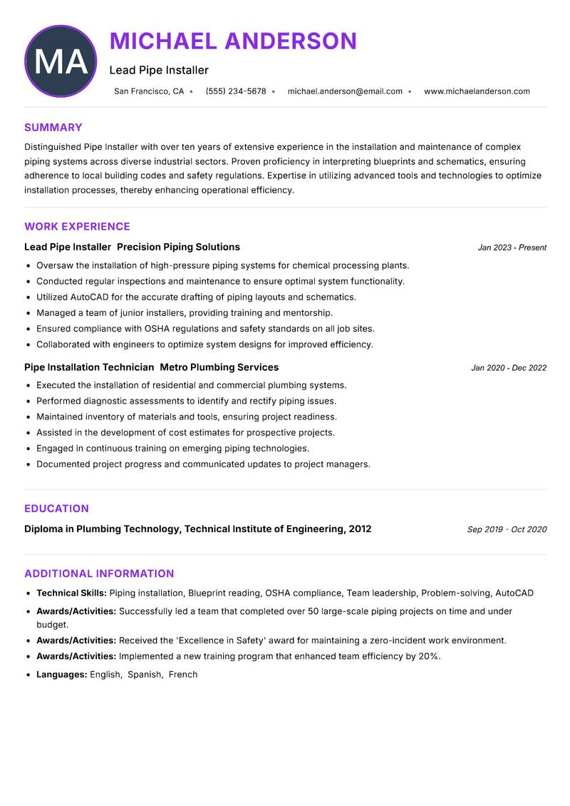 Pipe Installer resume example
