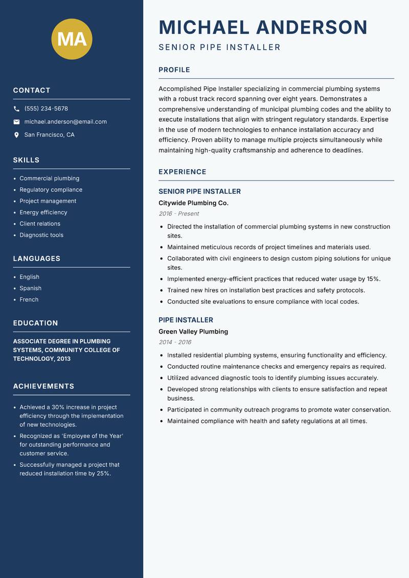 Pipe Installer resume sample — Senior Pipe Installer focus