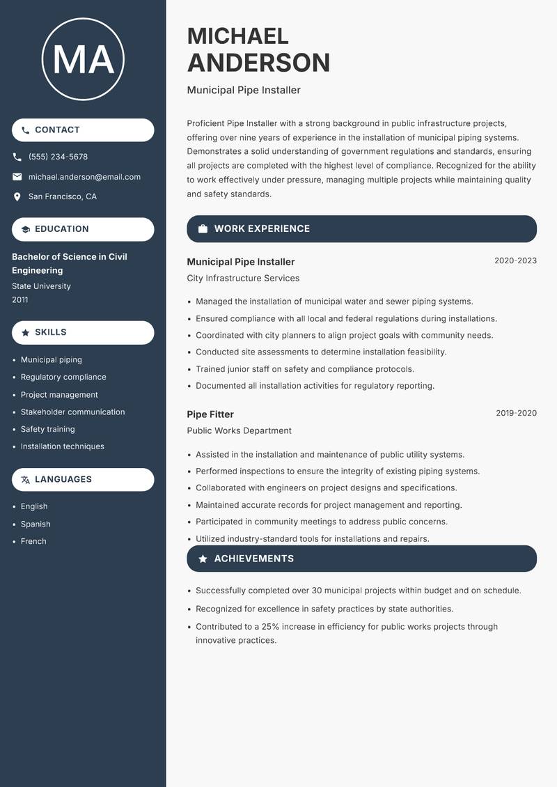 Pipe Installer resume sample — Municipal Pipe Installer focus