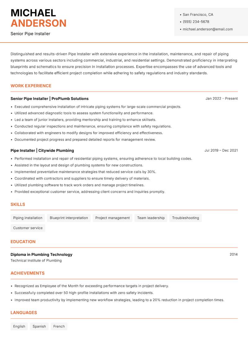 Pipe Installer resume sample — Senior Pipe Installer focus