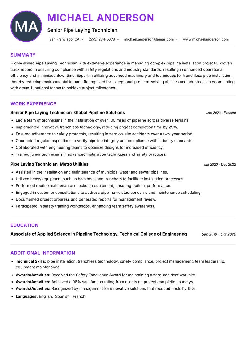 Pipe Laying Technician resume example