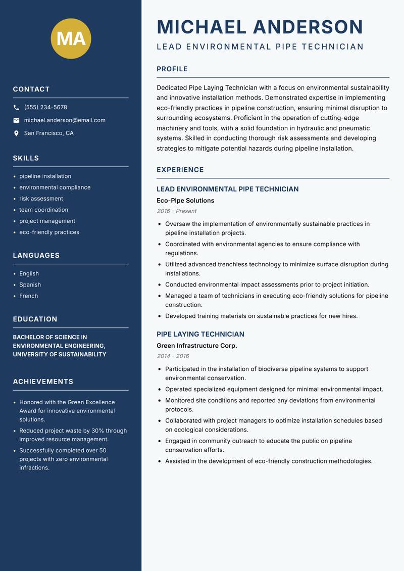 Pipe Laying Technician resume sample — Lead Environmental Pipe Technician focus