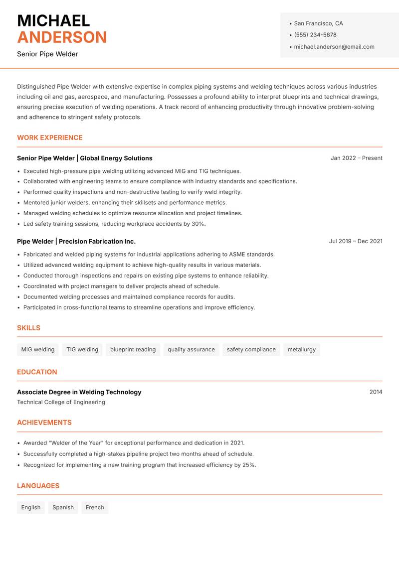 Pipe Welder resume sample — Senior Pipe Welder focus