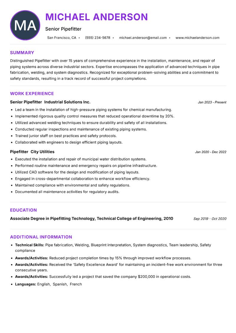 Pipefitter resume example