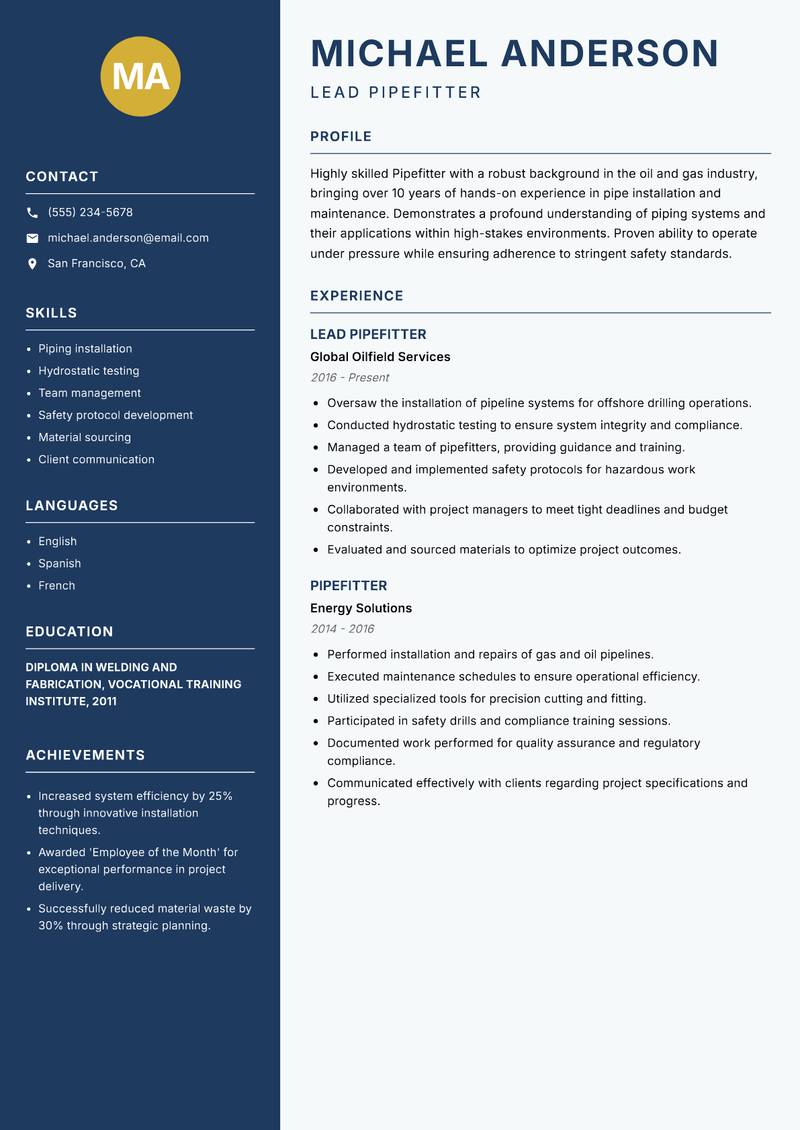 Pipefitter resume sample — Lead Pipefitter focus