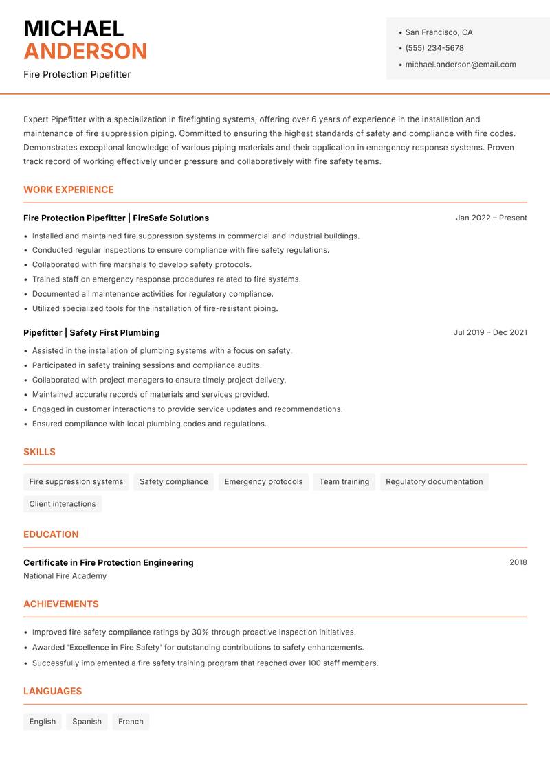 Pipefitter resume sample — Fire Protection Pipefitter focus
