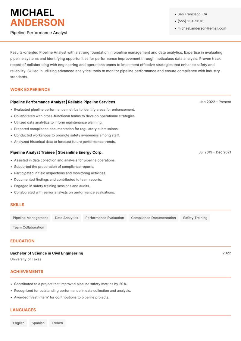 Pipeline Analyst resume sample — Pipeline Performance Analyst focus
