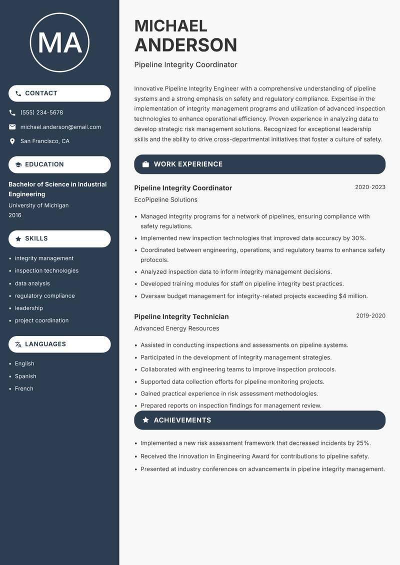 Pipeline Integrity Engineer resume sample — Pipeline Integrity Coordinator focus