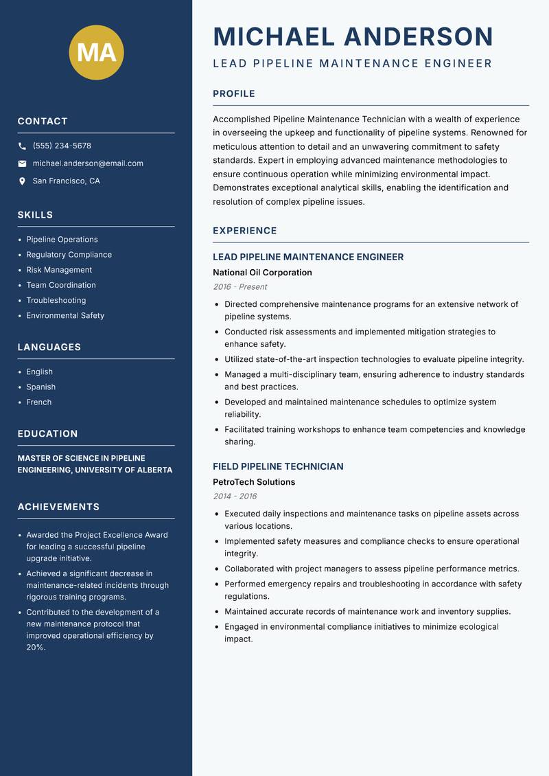 Pipeline Maintenance Technician resume sample — Lead Pipeline Maintenance Engineer focus