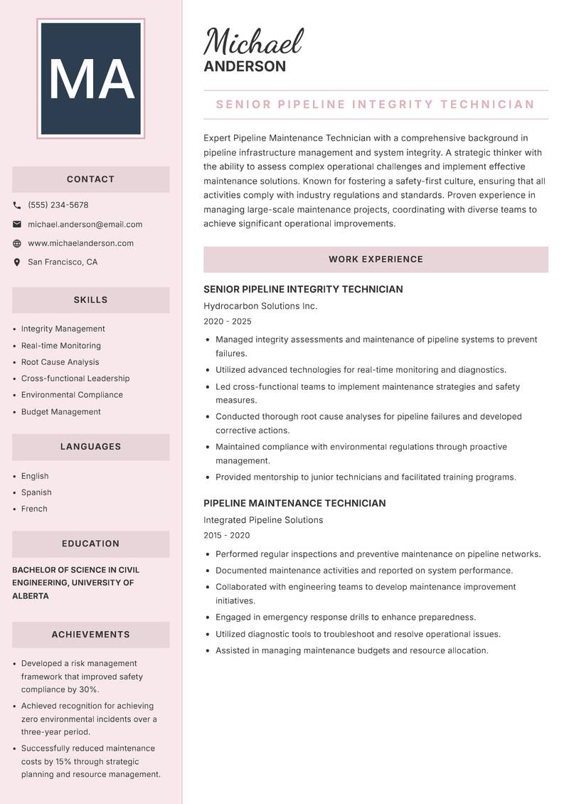 Pipeline Maintenance Technician resume sample — Senior Pipeline Integrity Technician focus