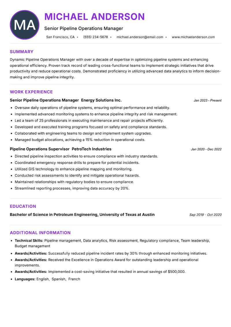 Pipeline Operations Manager resume example