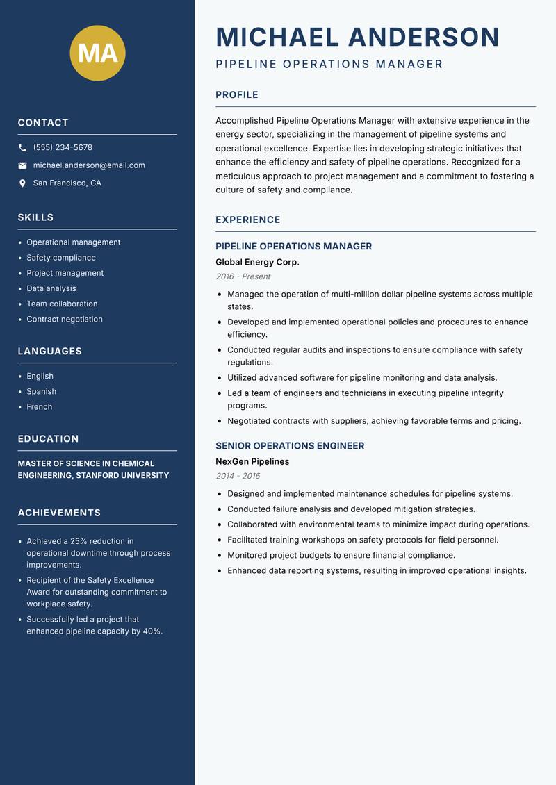Pipeline Operations Manager resume sample — Pipeline Operations Manager focus