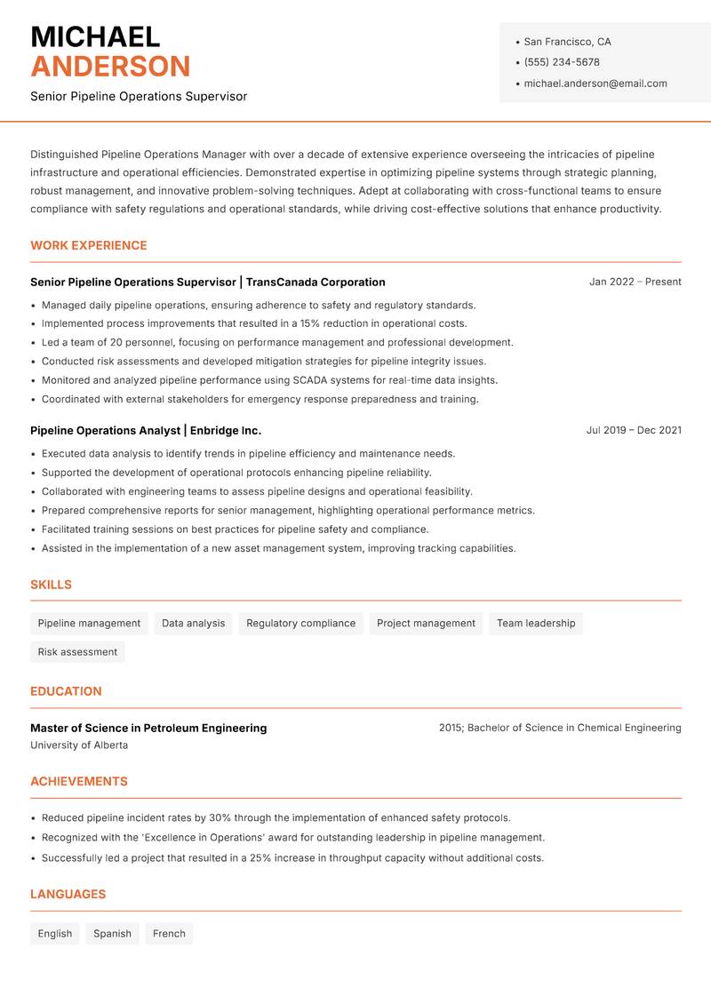 Pipeline Operations Manager resume sample — Senior Pipeline Operations Supervisor focus