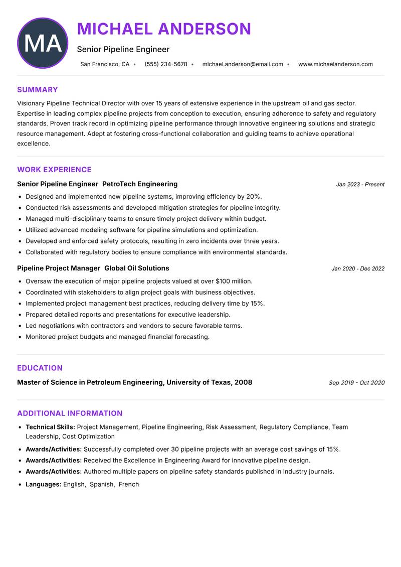 Pipeline Technical Director resume example