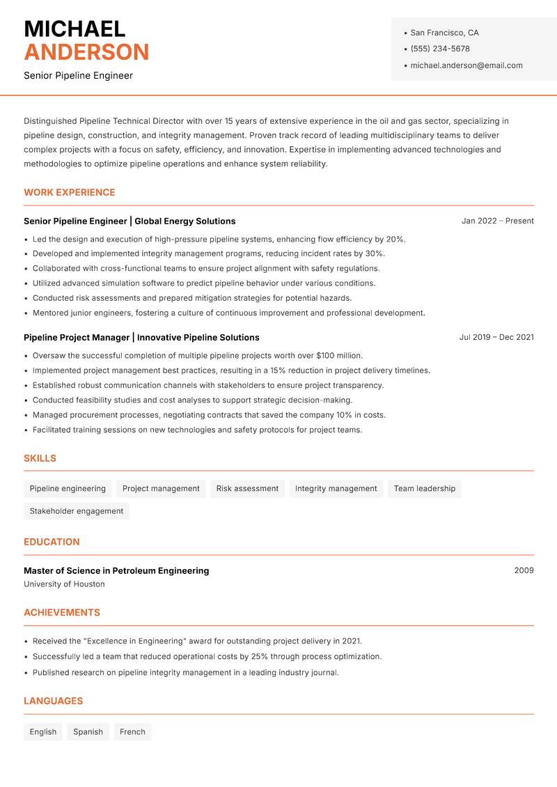Pipeline Technical Director resume sample — Senior Pipeline Engineer focus
