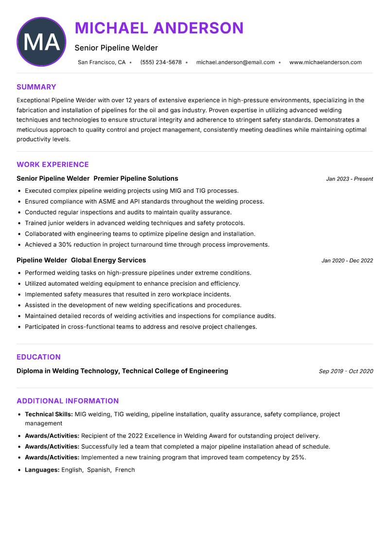 Pipeline Welder resume example
