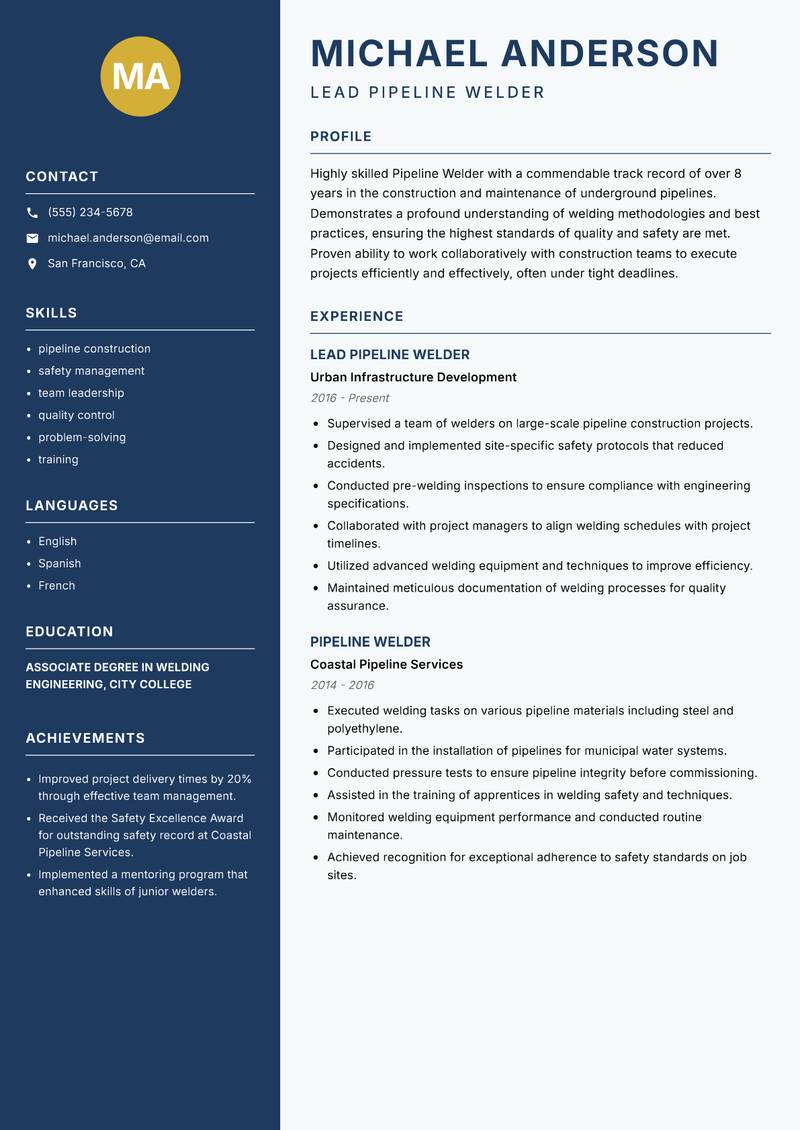 Pipeline Welder resume sample — Lead Pipeline Welder focus
