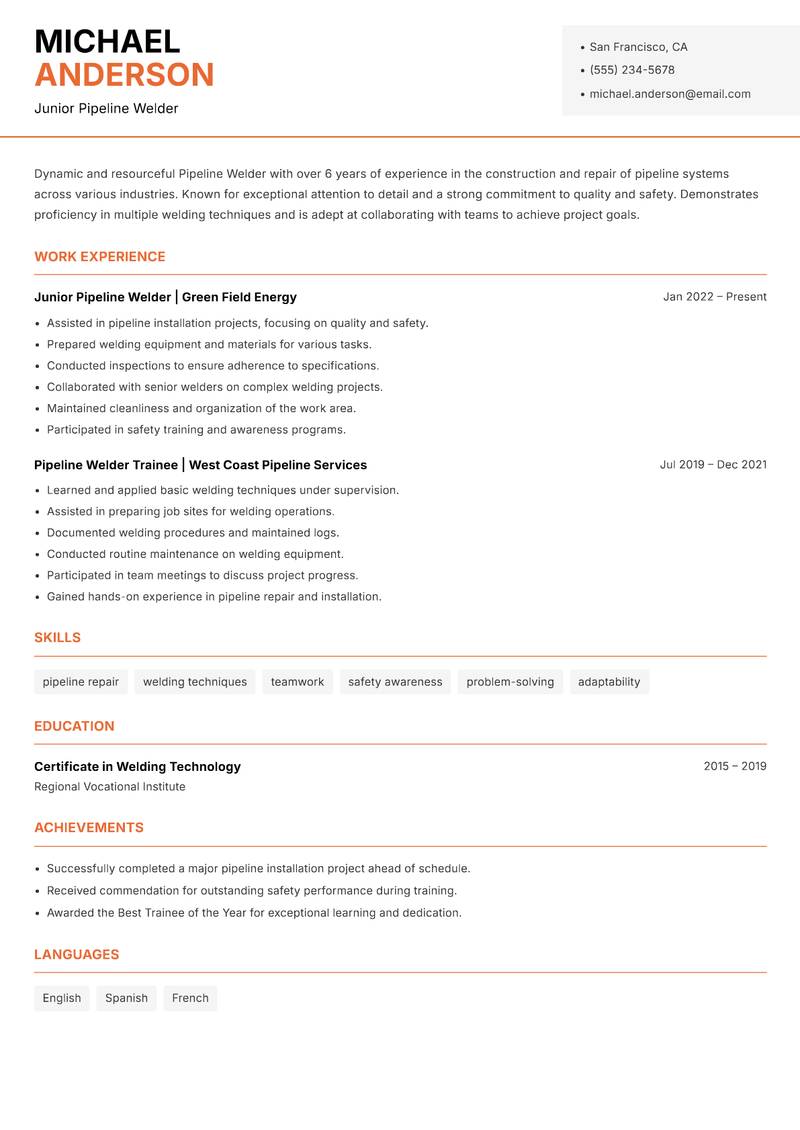 Pipeline Welder resume sample — Junior Pipeline Welder focus