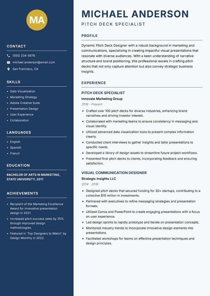 Pitch Deck Designer resume sample — Pitch Deck Specialist focus