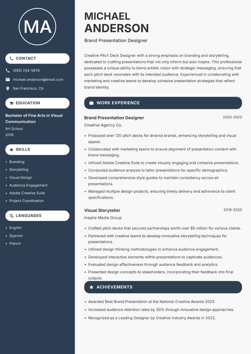 Pitch Deck Designer resume sample — Brand Presentation Designer focus