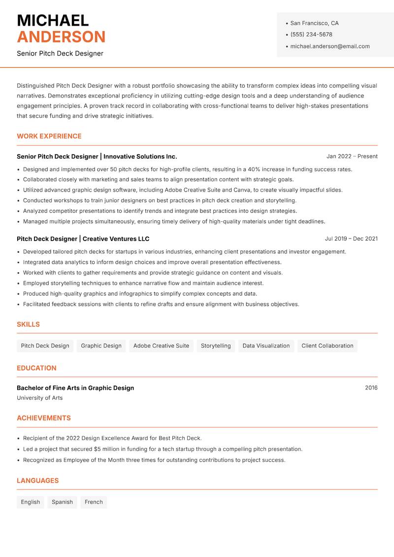 Pitch Deck Designer resume sample — Senior Pitch Deck Designer focus