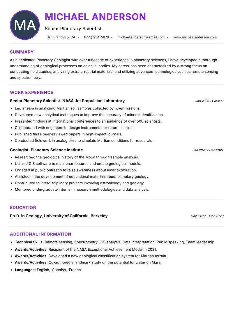 Planetary Geologist resume example