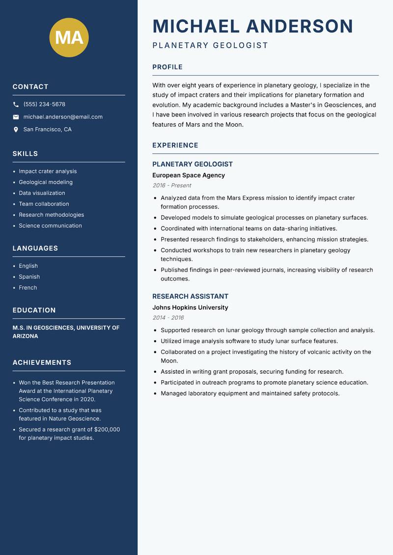 Planetary Geologist resume sample — Planetary Geologist focus