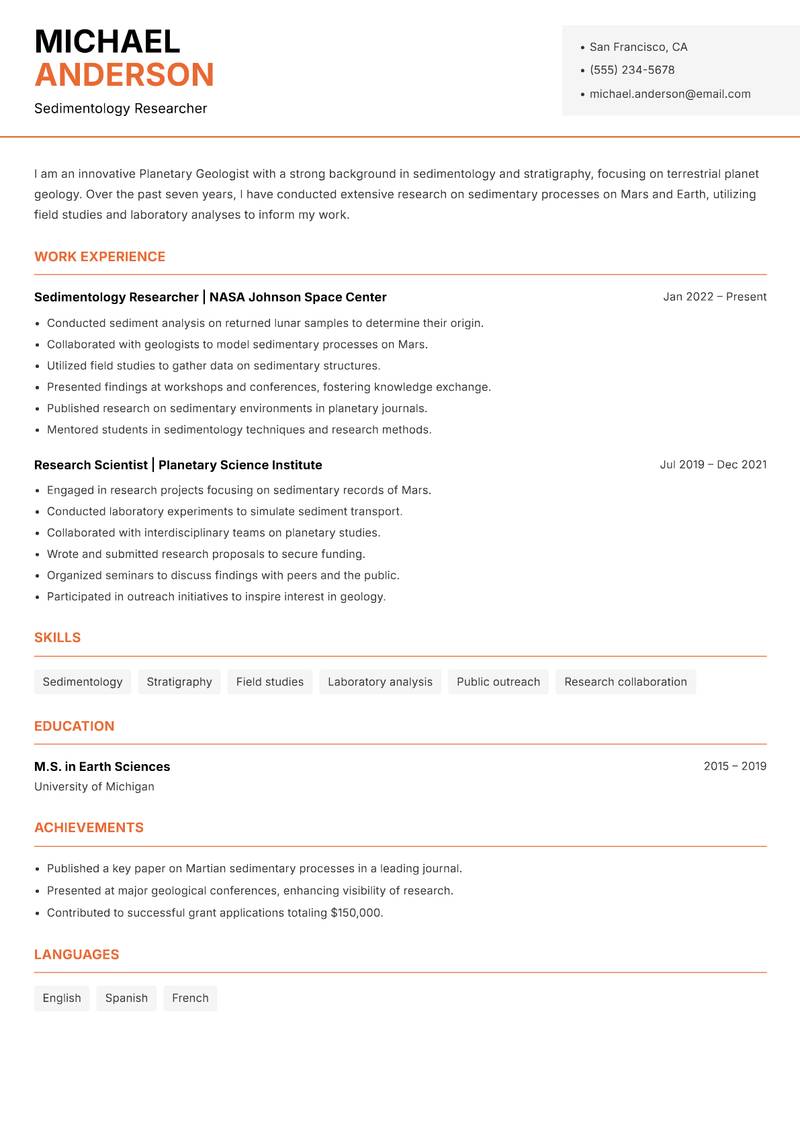 Planetary Geologist resume sample — Sedimentology Researcher focus
