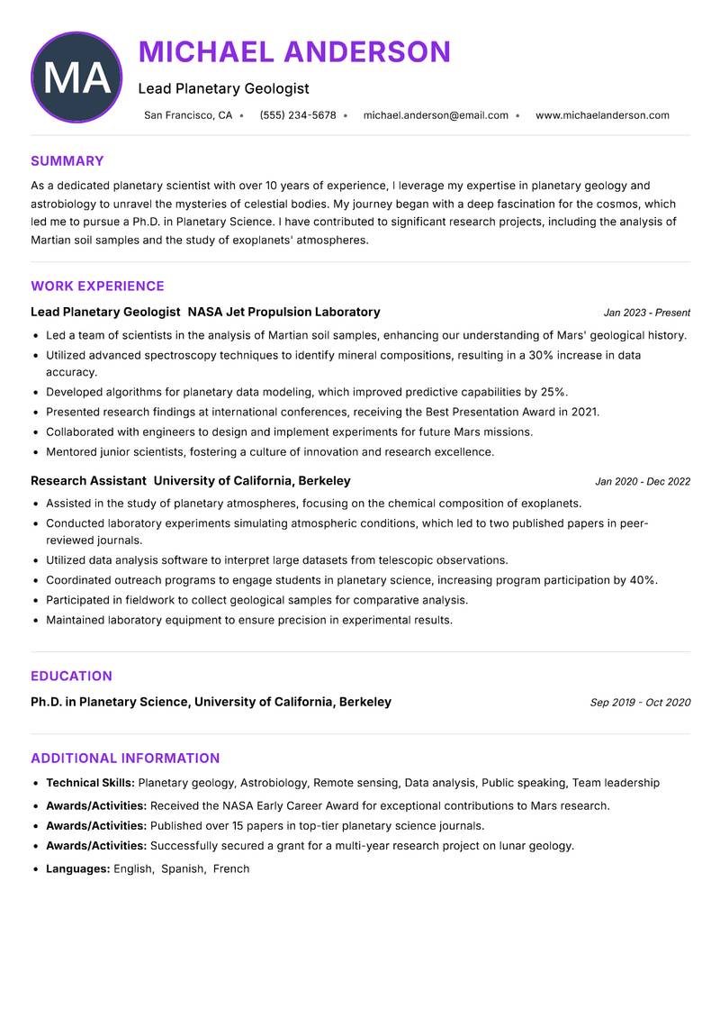 Planetary Scientist resume example