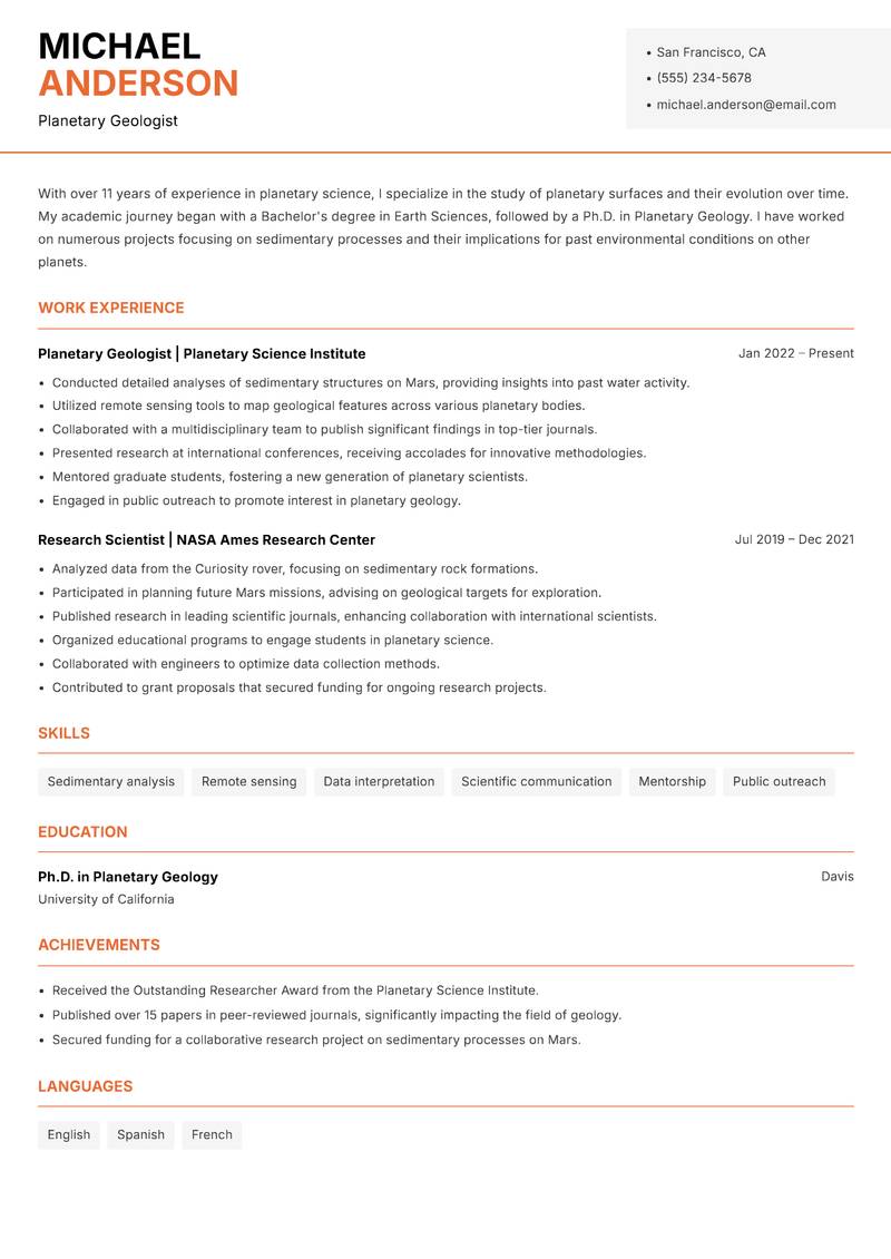 Planetary Scientist resume sample — Planetary Geologist focus