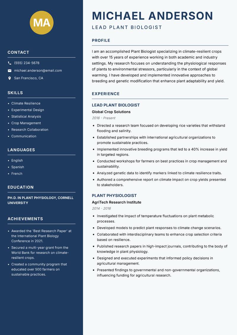 Plant Biologist resume sample — Lead Plant Biologist focus