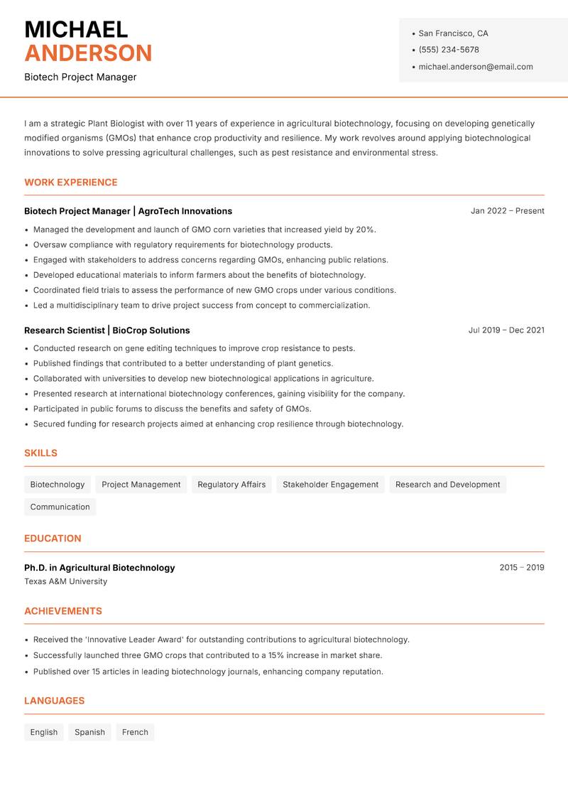 Plant Biologist resume sample — Biotech Project Manager focus