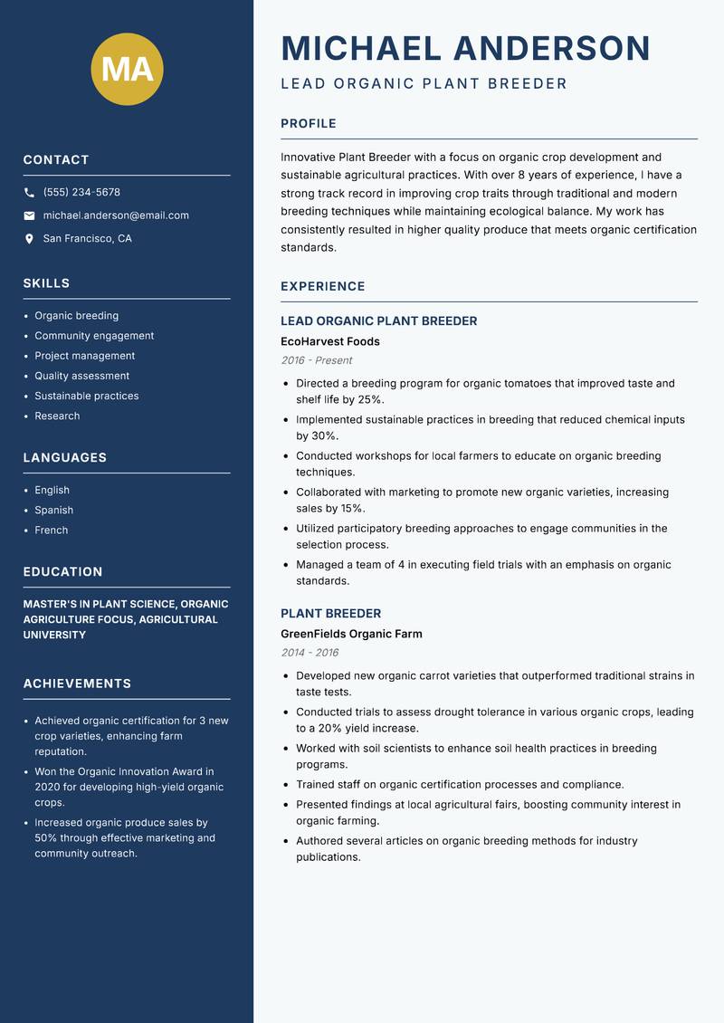 Plant Breeder resume sample — Lead Organic Plant Breeder focus