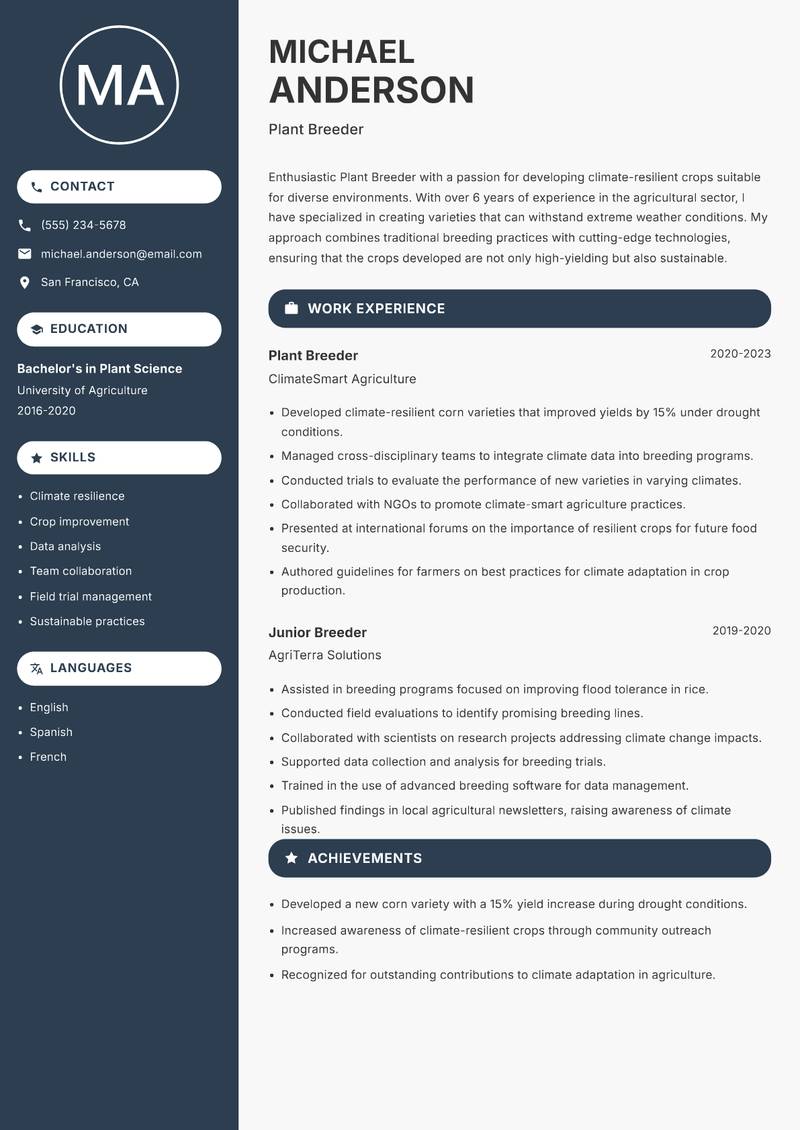 Plant Breeder resume sample — Plant Breeder focus