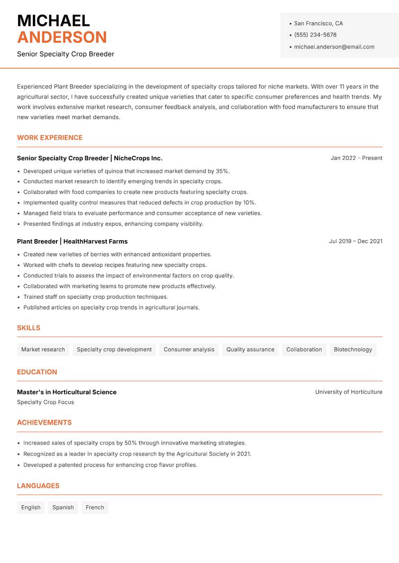 Plant Breeder resume sample — Senior Specialty Crop Breeder focus