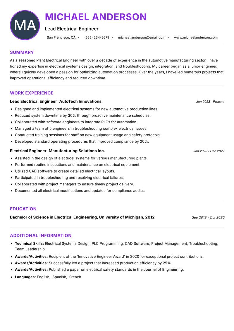 Plant Electrical Engineer resume example