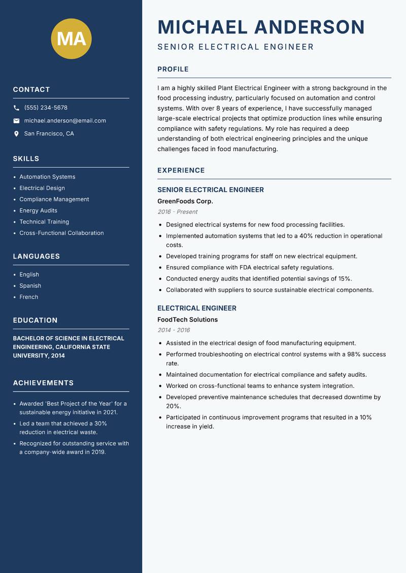 Plant Electrical Engineer resume sample — Senior Electrical Engineer focus